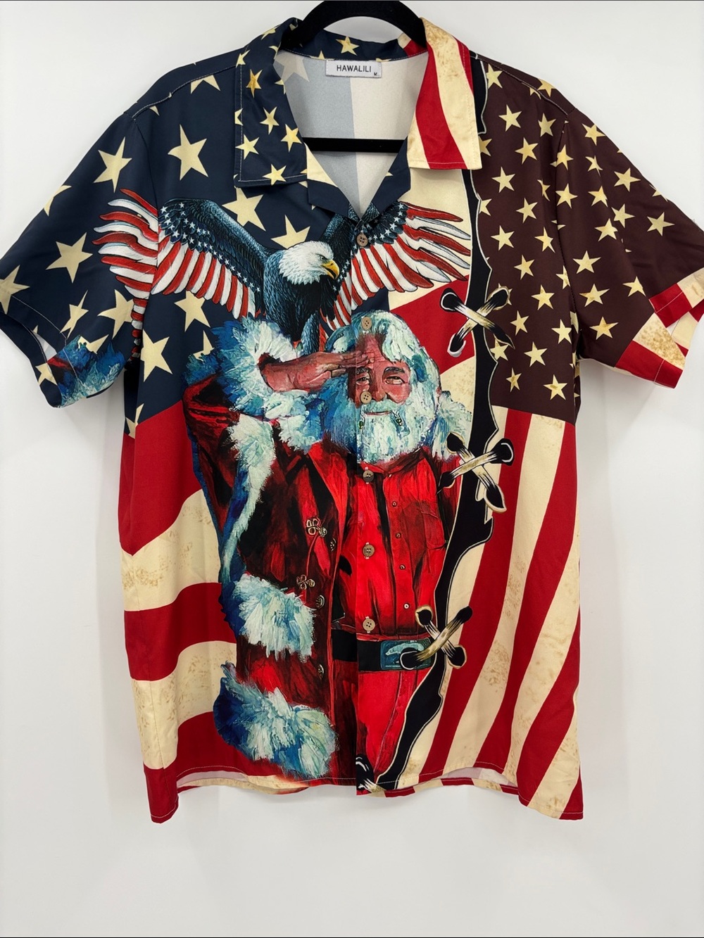 Hawalili Americana Patriotic Christmas Santa Heritage Anerican Flag Shirt